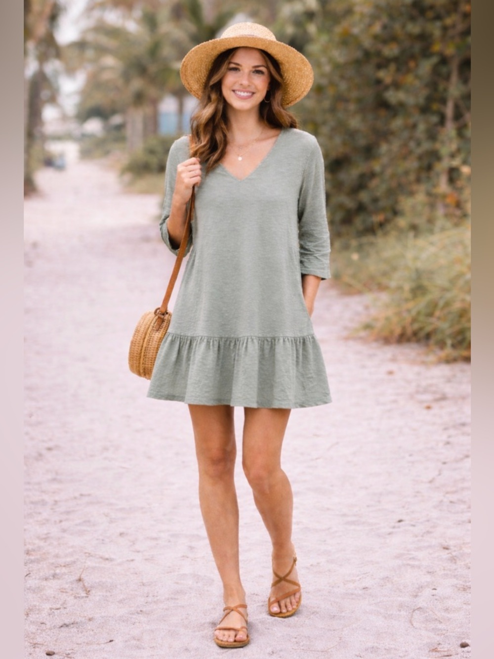 FRNCH Sage Green Mini Dress with Long Sleeves and Scalloped Hem, sz S - Picture 1 of 15